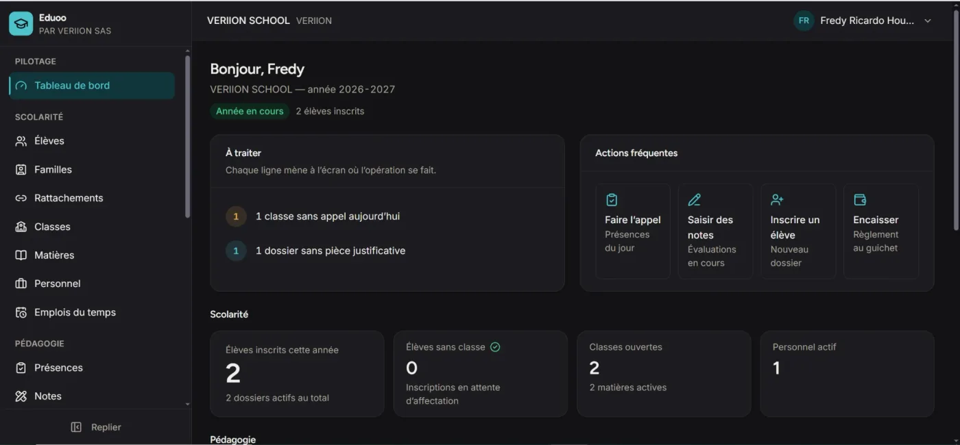 Tableau de bord d'Eduoo : les dossiers à traiter, les actions fréquentes — faire l'appel, saisir des notes, inscrire un élève, encaisser — et les effectifs de l'année en cours.