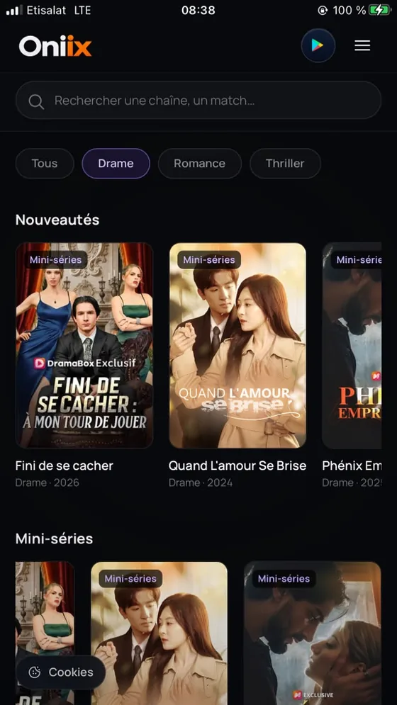 Catalogue Oniix filtré par genre, avec les nouveautés et les mini-séries.