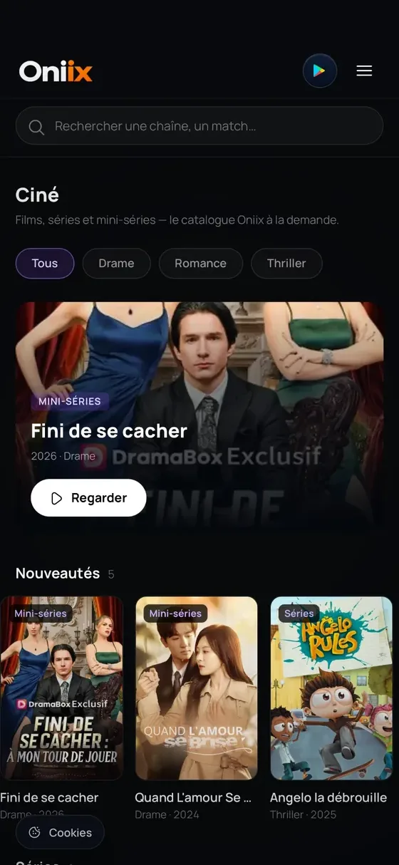 Catalogue Ciné d'Oniix : films, séries et mini-séries filtrés par genre, un titre mis en avant et les nouveautés dessous.