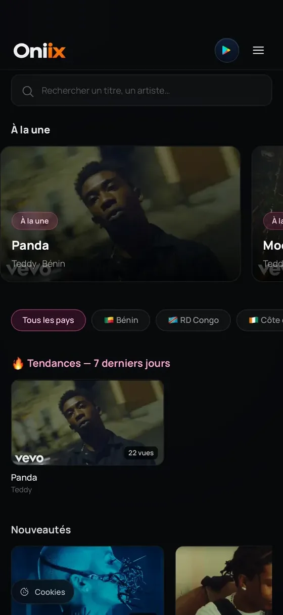 Rayon musique d'Oniix : clips à la une, filtres par pays — Bénin, RD Congo, Côte d'Ivoire —, tendances des sept derniers jours et nouveautés.