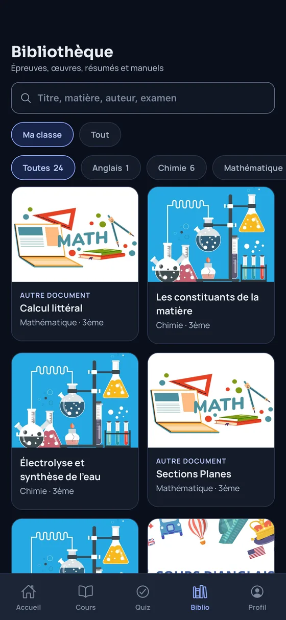 Bibliothèque iSkul : épreuves, œuvres, résumés et manuels filtrés par matière, chaque document rattaché à un niveau de classe.
