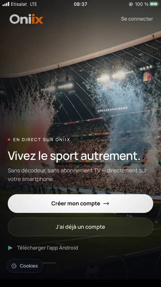 Oniix home screen: watch sport differently, with no set-top box and no TV subscription, straight from your phone.