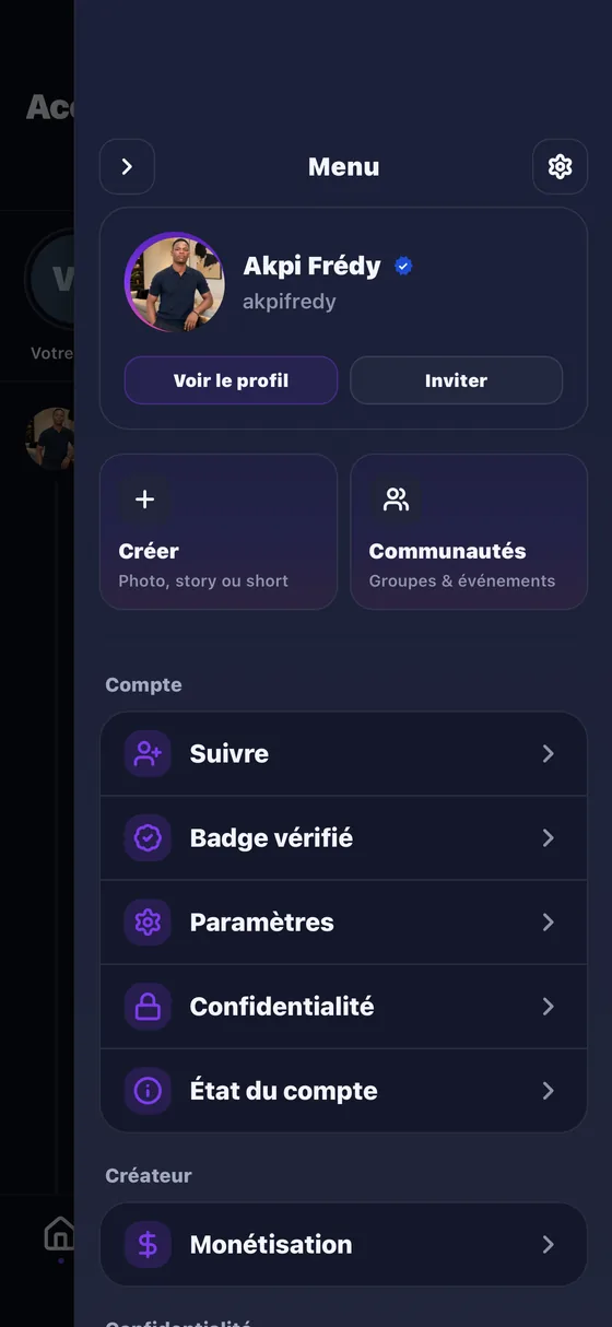 Menu de compte Wiix : créer une publication, communautés, badge vérifié, confidentialité, et l'entrée Monétisation de l'espace créateur.